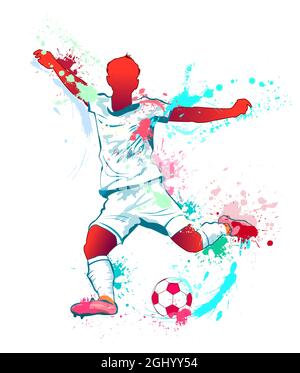 Silhouette di un giocatore di calcio con una palla in stile grunge, con l'imposizione di varie texture sotto forma di schizzi, macchie, blot. Illustrazione Vettoriale