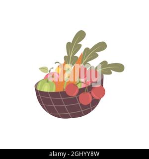 Cestino con verdure e frutta. Illustrazione vettoriale isolata su sfondo bianco Illustrazione Vettoriale