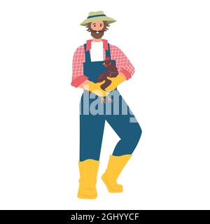 Agricoltore maschio con gallina nelle sue mani. Agricoltura, gente piatta nel villaggio. Illustrazione vettoriale Illustrazione Vettoriale