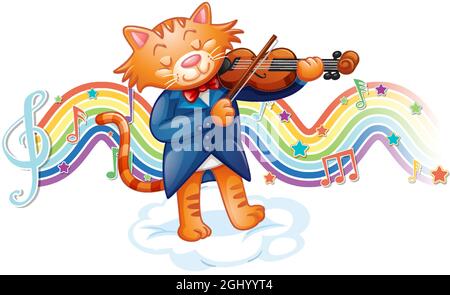 Gatto che suona il violino con i simboli della melodia sull'illustrazione dell'onda dell'arcobaleno Illustrazione Vettoriale