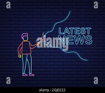 Man Holding Megaphone con le ultime notizie. Banner megafono. Web design. Stile neon. Illustrazione dello stock vettoriale. Illustrazione Vettoriale