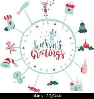 Cartolina di Natale con allegre spolettini di Natale e insegne natalizie moderne. Logo calligrafico. Vettore Illustrazione Vettoriale