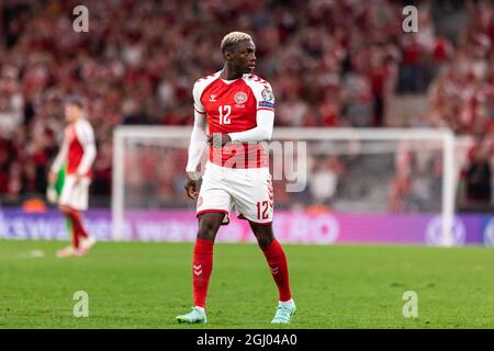 Copenaghen, Danimarca. 07 settembre 2021. Mohamed Daramy (12) di Danimarca ha visto durante la Coppa del mondo UEFA tra Danimarca e Israele al Parken di Copenaghen. (Photo credit: Gonzales Photo - Dejan Obretkovic). Foto Stock