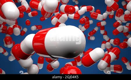 Molte pillole di medicina rosse e bianche che galleggiano nell'aria su sfondo blu illustrazione 3D Foto Stock
