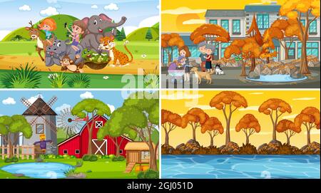 Diverse scene di sfondo della natura nell'illustrazione dell'insieme Illustrazione Vettoriale