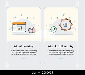 icone islamiche per vacanze e caligrafia islamica modello di onboarding per interfaccia utente mobile interfaccia utente applicazione disegno vettore illustrazione Foto Stock