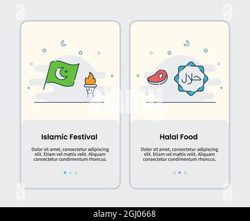 sagra islamica e icone halal food modello di onboarding per interfaccia utente mobile interfaccia utente applicazione disegno vettore illustrazione Foto Stock