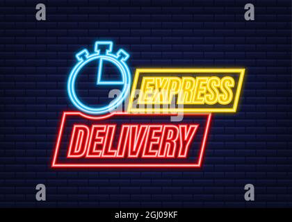 Icona al neon del servizio di consegna rapida. Ordine di consegna rapido con cronometro. Illustrazione dello stock vettoriale. Illustrazione Vettoriale
