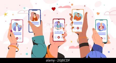 Mani piatte che tengono smartphone con profili uomo e donna. Applicazione del servizio di datazione online sullo schermo del telefono. Relazioni virtuali, comunicazione a distanza. Persone in cerca di coppia sui social network. Illustrazione Vettoriale