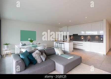 Interno di una cucina aperta al soggiorno e sala da pranzo di un appartamento moderno. Nessuno dentro. Foto Stock