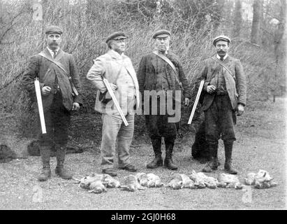 Tiro - uomini con fucili in posa di fronte alla loro cattura o borsa - conigli o lepri? - 11 Aprile 1905 Foto Stock