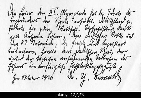 1936 Olimpiadi, Berlino - script tedesco relativo agli XI Giochi Olimpici di Berlino, Germania, 1936 - probabilmente firmato dal Dr. Theodor Lewald, organizzatore e presidente del Comitato Organizzatore per le Olimpiadi estive di Berlino 1936. ©TopFoto Foto Stock