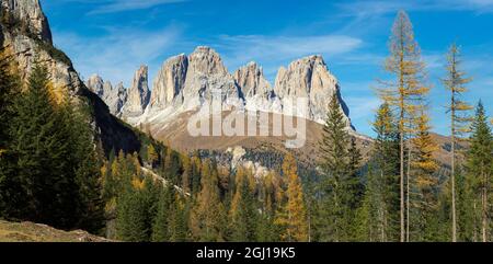 Vista di Langkofel (Sasso lungo) dalla Val Contrin nella catena montuosa della Marmolada nelle Dolomiti. Le Dolomiti fanno parte del SIT, patrimonio dell'umanità dell'UNESCO Foto Stock