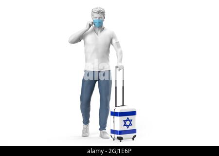 L'uomo che indossa maschera facciale tira una valigia testurizzata con bandiera di Israele. Illustrazione 3D Foto Stock