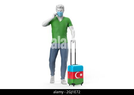 Uomo che indossa maschera viso tira una valigia testurizzata con bandiera di Azerbaigian. Illustrazione 3D Foto Stock