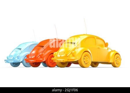Vista posteriore di tre auto colorate d'epoca. Illustrazione 3D Foto Stock