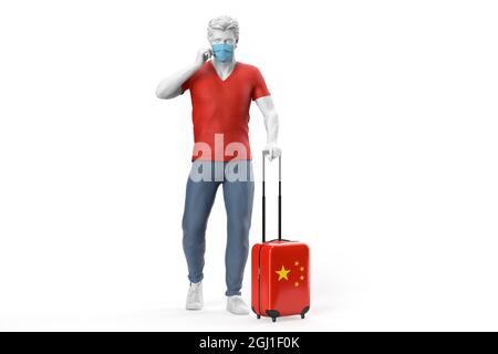 Uomo che indossa maschera viso tira una valigia testurizzata con bandiera della Cina. Illustrazione 3D Foto Stock