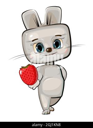 Carino capretto Hare allunga la sua mano offrendo un piacere. Vuole presentare una fragola. Divertente animale bambino. Illustrazione per i bambini Illustrazione Vettoriale