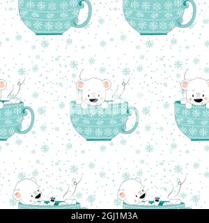 Modello senza cuciture con simpatici orsi nella tazza di natale. Illustrazioni vettoriali Illustrazione Vettoriale