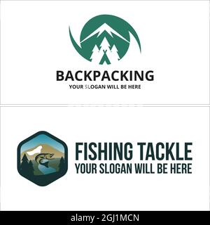 Sport pesca montagna avventura logo design Illustrazione Vettoriale