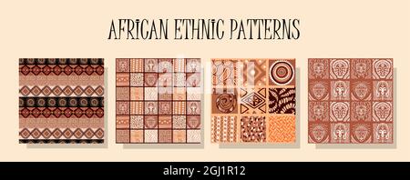 Modello etnico africano. Un insieme di motivi nello stesso stile. Ornamento africano tradizionale. Design senza cuciture. Ecosile Illustrazione Vettoriale