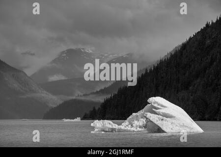 USA, Alaska, Tracy Arm-Fords Terror Wilderness, iceberg glaciale galleggiante in Holkham Bay con montagne che costeggiano Tracy Arm in lontananza Foto Stock