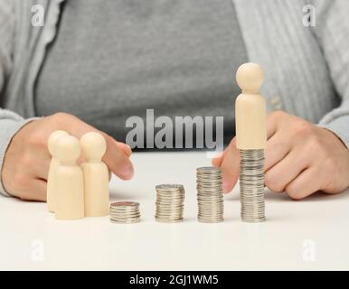 pila di monete metalliche e figure in legno di uomini su un tavolo bianco. Risparmi e spese, bilancio familiare, sussidi dello Stato Foto Stock