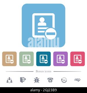 Rimuovi le icone piatte bianche dei contatti sugli sfondi quadrati arrotondati. 6 icone bonus incluse Illustrazione Vettoriale