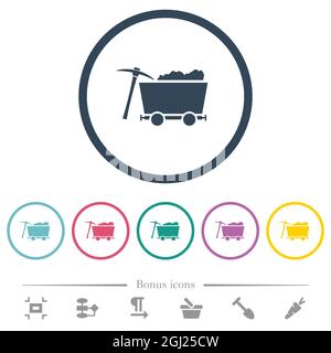 Caricamento del carrello delle miniere e pickaxe icone a colori piatti in contorni rotondi. 6 icone bonus incluse. Illustrazione Vettoriale