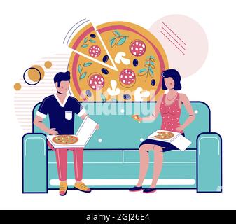 Coppia felice mangiare pizza da asporto seduto sul divano a casa, illustrazione vettoriale. Consegna rapida di alimenti. Degustazione di pizza. Illustrazione Vettoriale