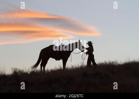 Stati Uniti d'America, Wyoming, Shell, il nascondiglio Ranch, Silhouette di Cowgirl con cavallo al tramonto (MR/PR) Foto Stock