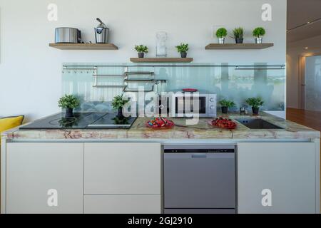 Cucina interna moderna in monolocale di lusso. Contatore in marmo. Ripiani in legno. Decorazioni per la casa con fiori. Foto Stock