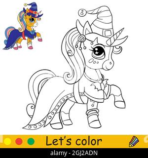 Simpatico unicorno in streghe cappello e mantello si erge in profilo. Concetto di Halloween. Pagina libro da colorare per bambini. Illustrazione di un cartoon vettoriale. Per la colorazione Illustrazione Vettoriale
