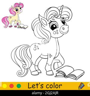Simpatico unicorno sta di profilo con un libro. Pagina libro da colorare per bambini. Illustrazione di un cartoon vettoriale. Per colorare libro, istruzione, stampa, gioco, d Illustrazione Vettoriale