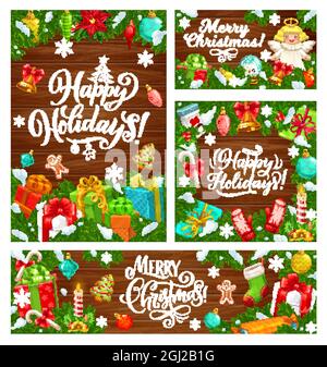 Regali di Natale per le vacanze invernali con disegno vettoriale dell'albero di Natale. Scatole e campana natalizia con fiocchi di nastro, fiocchi di neve, caramelle, neve e palle, zenzero Illustrazione Vettoriale