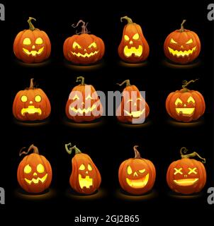 Cartone animato Halloween zucche bruciano. Jack o lanterne spaventosi personaggi mostro. Zucche di Halloween con scolpito spooky, arrabbiato urlando e creepy smilin Illustrazione Vettoriale
