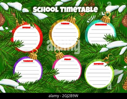 Orario scolastico o programma con sfondo vettoriale di palle albero di Natale. Modello di pianificazione dell'istruzione per bambini con tabella dei tempi degli studenti o stu settimanale Illustrazione Vettoriale