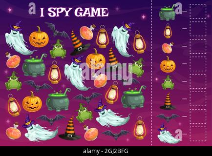 I gioco di spy bambini con i caratteri di Halloween, puzzle educativo vettoriale. Sviluppo di abilità di numeracy e attenzione, pagina di indovinello di cartone animato. Matematica Workshee Illustrazione Vettoriale