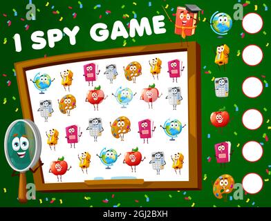I spy gioco, foglio di lavoro di gioco di matematica con i personaggi della scuola, vettore trovare e partita indovinello. Puzzle da tavolo per bambini o gioco di spionaggio con libri di matematica della scuola Illustrazione Vettoriale