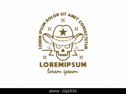 Il cranio di Cowboy linea l'arte con il disegno di testo di lorem ipsum Illustrazione Vettoriale