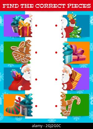 Modello vettoriale di gioco di abbinamento di Natale di puzzle, enigma logico o quiz per l'educazione dei bambini. Trova i pezzi corretti di regalo di Natale, Babbo Natale, stoccaggio, pre Illustrazione Vettoriale