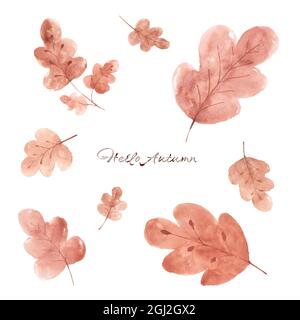 Set di foglie d'autunno acquerello dipinto a mano isolato su sfondo bianco. Illustrazione perfetta per il design decorativo in autunno festival. Saluto c Illustrazione Vettoriale