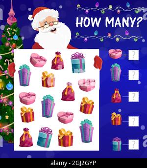 Giochi per bambini con regali di Natale e Babbo Natale. Bambino quante attività, bambini gioco con calcolo attività. Regali per le vacanze invernali, confezionati e dicembre Illustrazione Vettoriale