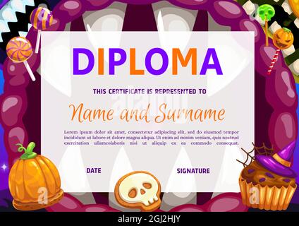 Diploma per bambini con dolci vettoriali di Halloween e bocca di mostro. Certificato con biscotti e caramelle zucca o cranio. Cupcake al cioccolato in cappello di strega e. Illustrazione Vettoriale