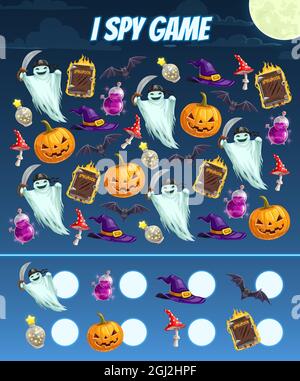 Spy gioco educativo per i bambini con personaggi e oggetti di Halloween, puzzle vettoriale. Foglio di lavoro di matematica per asilo, scuola, scuola prescolare. Sviluppo di Illustrazione Vettoriale