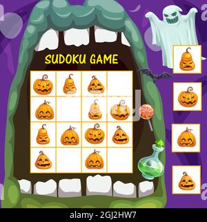Bambini sudoku gioco con Halloween jack o lanterne. Gioco di puzzle per bambini, bambino che gioca a pagina vettoriale libro di attività. Zucche fumettistiche di Halloween, fantasma Illustrazione Vettoriale