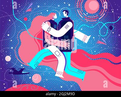 Gli astronauti di coppia, uomo e donna abbracciano nello spazio, si sono impennati nel peso Illustrazione Vettoriale