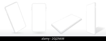 Realismo del mockup dello smartphone, telefono cellulare 3d, schermo del dispositivo. Dispositivi smartphone bianchi minimalisti con schermi vuoti in set vettoriale prospettico. Gadget isolato da diverse angolazioni Illustrazione Vettoriale