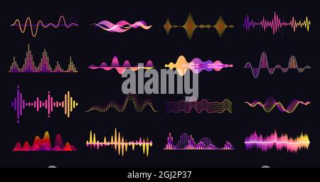 Onde sonore colorate, frequenza audio astratta. Onde sonore vocali, equalizzatore elettronico, ampiezza del suono, set di vettori di forme d'onda radio. Linea equalizzatore al neon, barra digitale con volume diverso Illustrazione Vettoriale