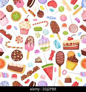 Dolci cartoon e caramelle, deliziosi dessert modello senza cuciture. Cupcake, cioccolato, lecca-lecca, gelato. Panetteria e pasticceria di fondo. Gustosi dolci e dolci per tessuti o tessuti Illustrazione Vettoriale